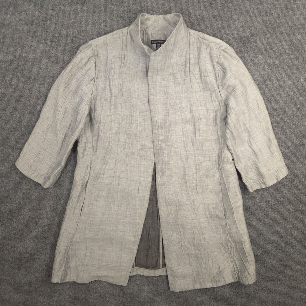 Eileen Fisher Jacket Womens S Gray Organic Linen Slub Crinkle Texture Open Front